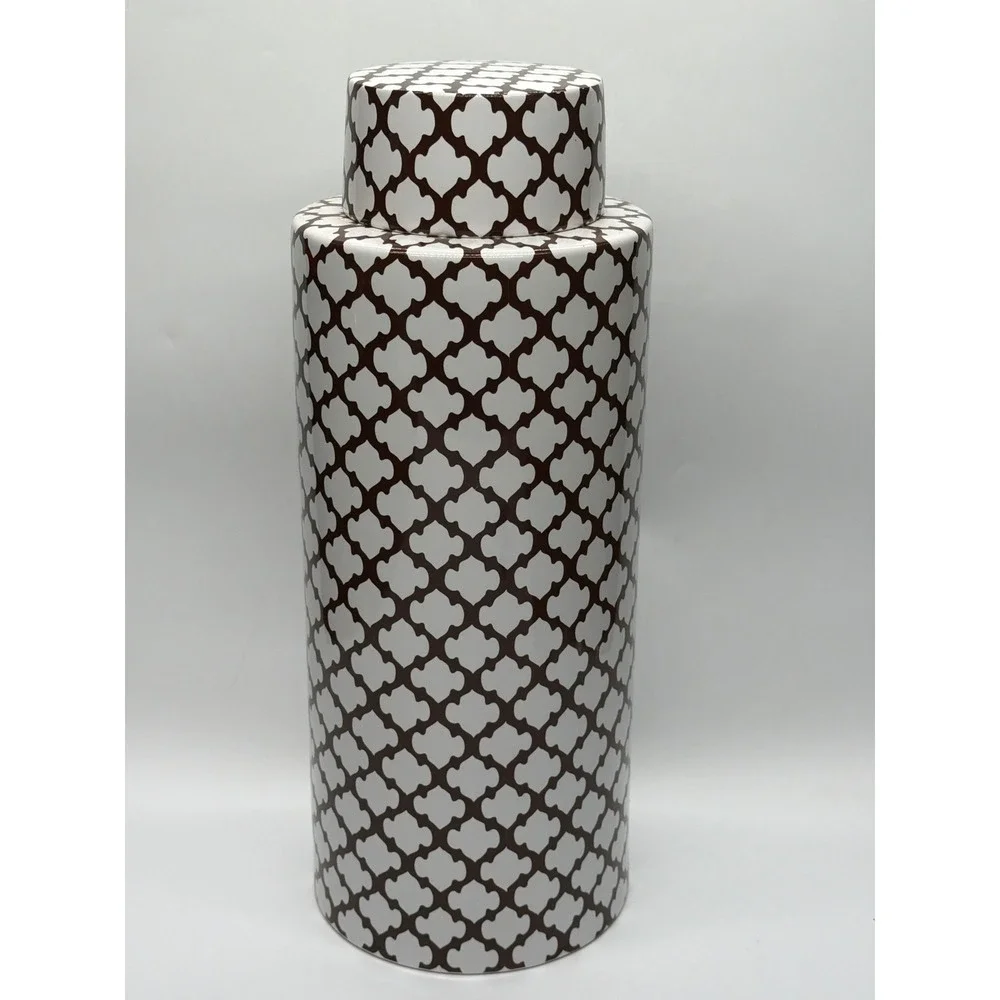 Pottery Barn Large Ceramic Decorative Canister Brown White Quatrefoil‎ 18 Inch